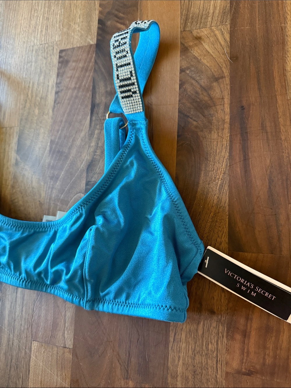 Victoria's Secret Turquoise Bikini Top with Rhinestone Logo Straps